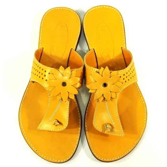 LUIGI TRAINI 🇮🇹 WOMEN'S ORANGE SOFT LEATHER SUMMER FLAT SANDALS - Picture 6 of 8